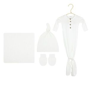 Lou & Lou knotted newborn gown with hat, mittens and swaddle.